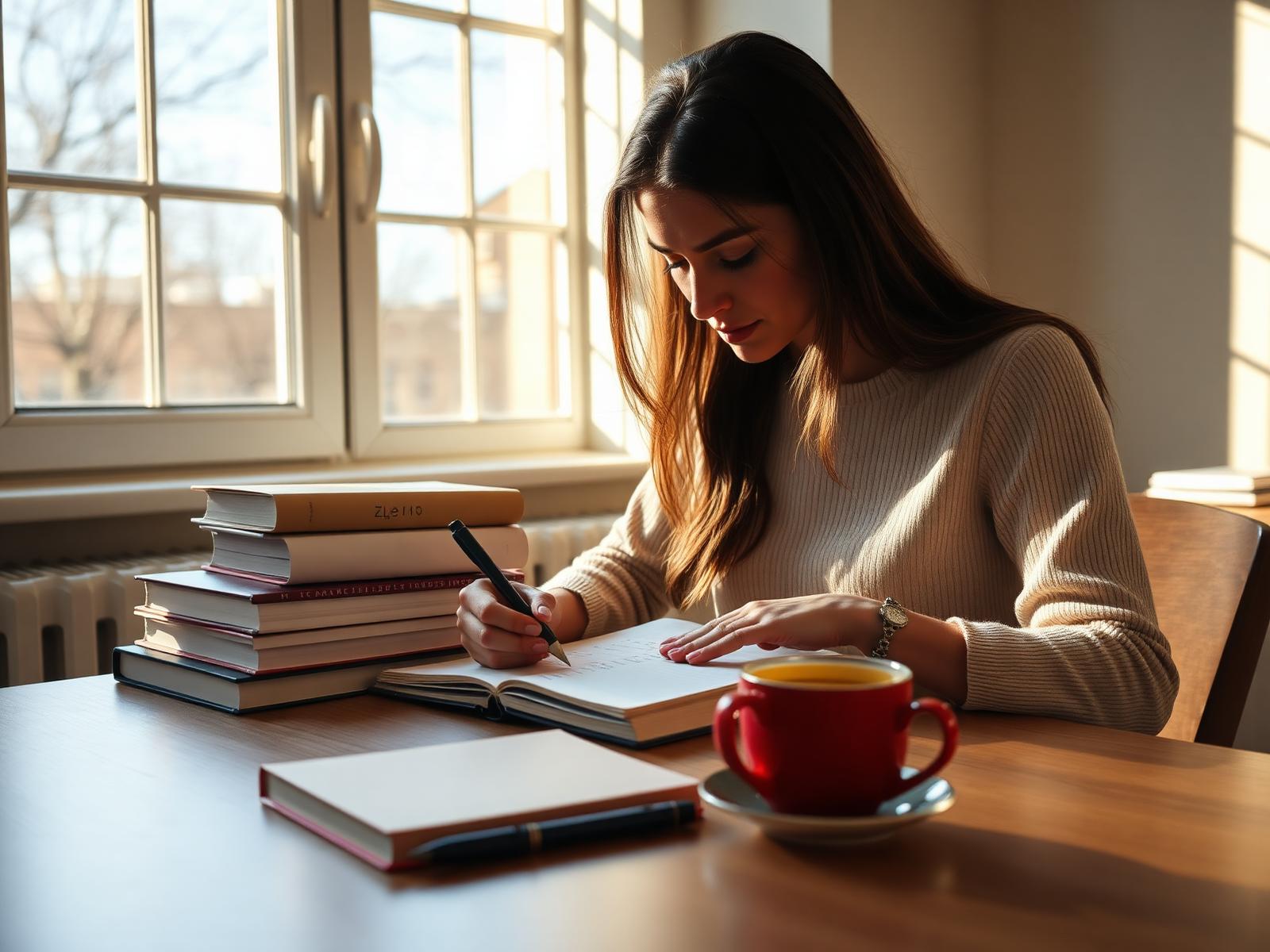 A-Level student studying with notebook and books at sunlit desk